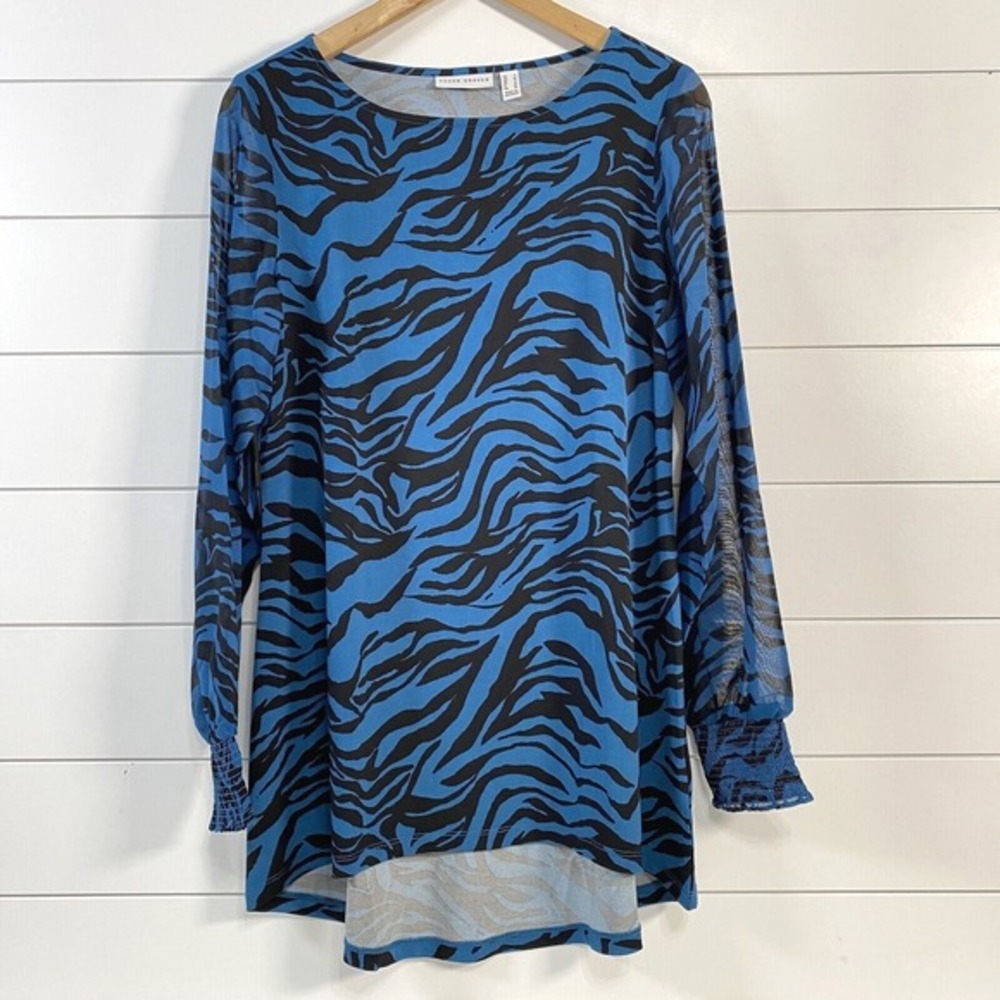 Susan Graver Womens Liquid Knit Animal Print Sheer Long Sleeve Shirt sz S Teal